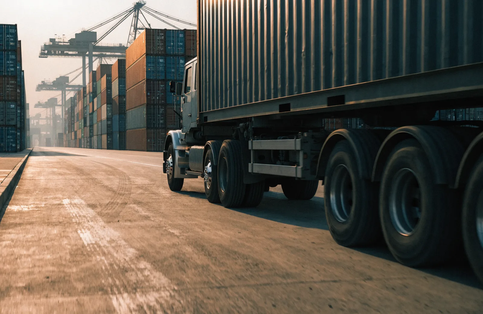 A drayage truck moving a shipping container through a port terminal