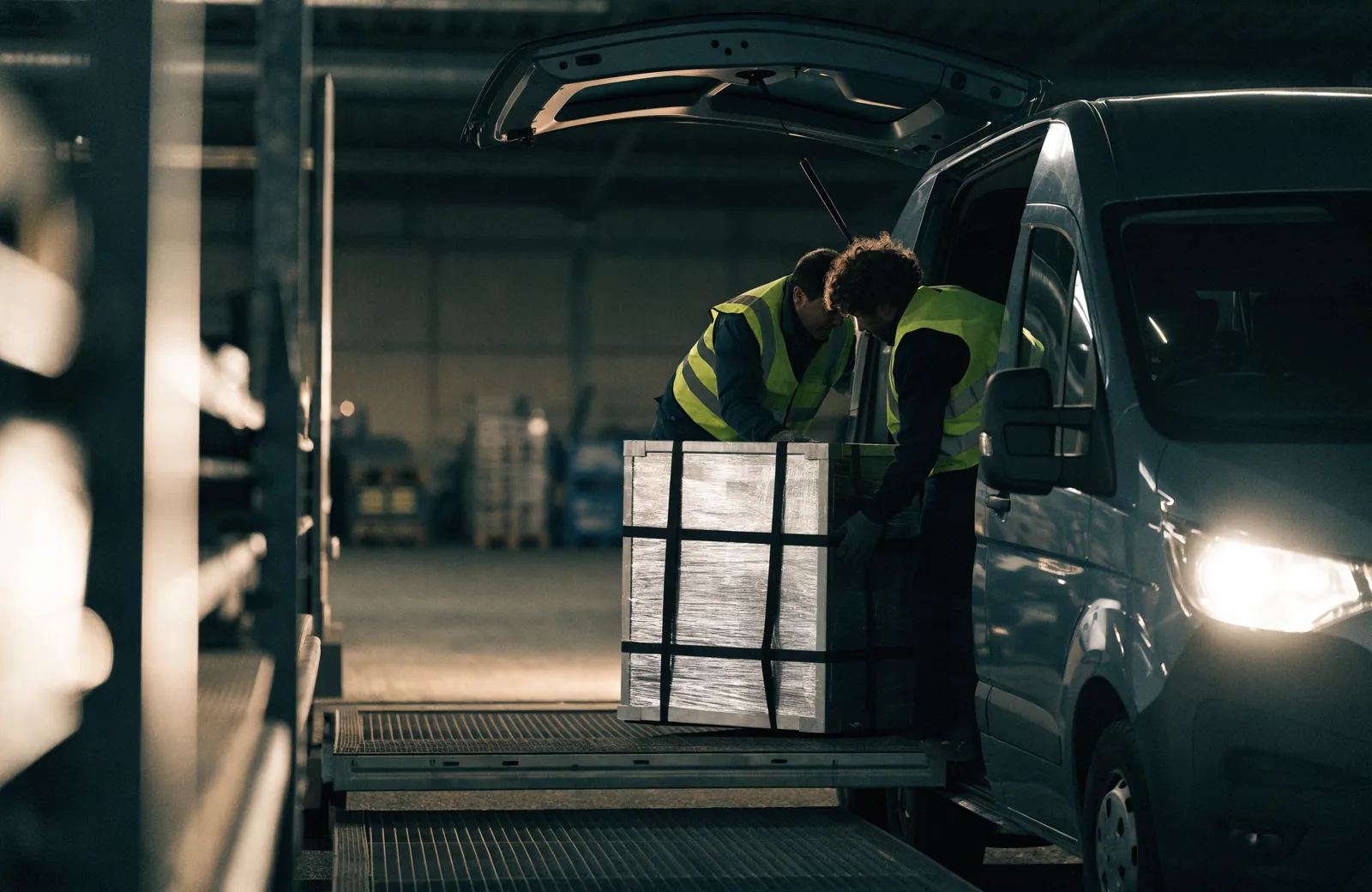 Drivers loading a high-value crated shipment into an expedited van at night